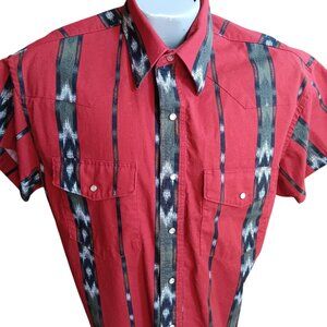 Large Vintage 90's Wrangler Western Shirt Red Stripe Ikat Print Cowboy Honduras